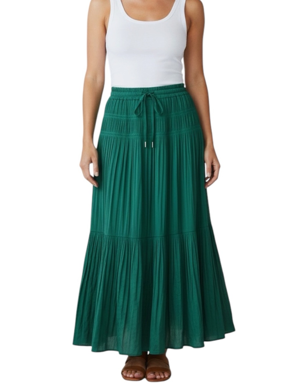 MAISON d'AMELIE Crinkle Pleated Emerald Green Pleated Tiered Skirt Size L—NWT!